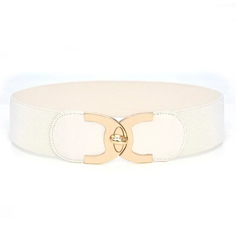 Weißer elastischer Gürtel mit goldener Schnalle, Damenmode Accessoire, elegant und stilvoll.
