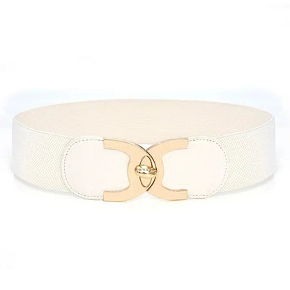 Weißer elastischer Gürtel mit goldener Schnalle, Damenmode Accessoire, elegant und stilvoll.
