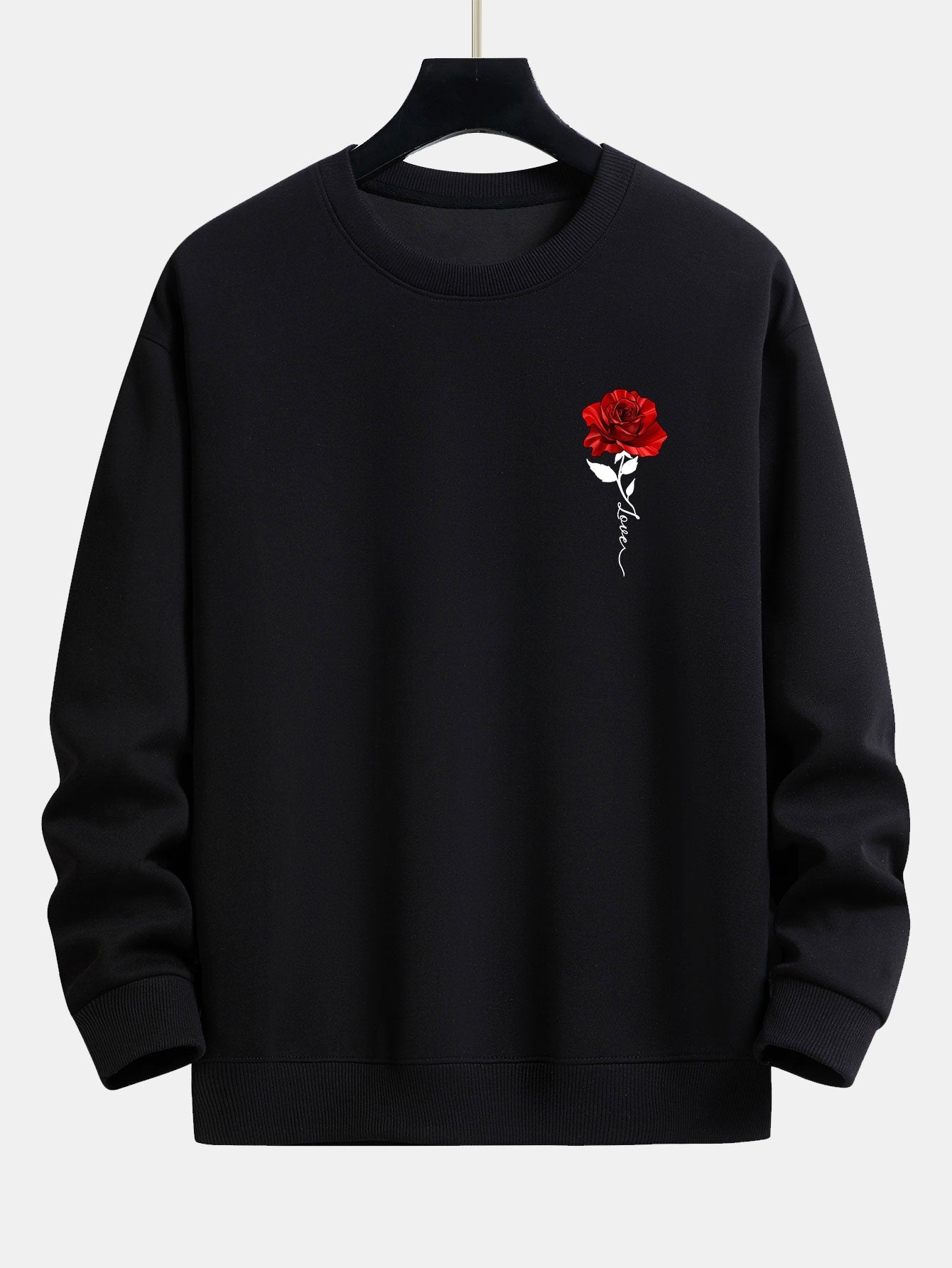 Schwarzer Pullover mit roter Rosenstickerei, Unisex, Baumwolle, modisch, lässig.