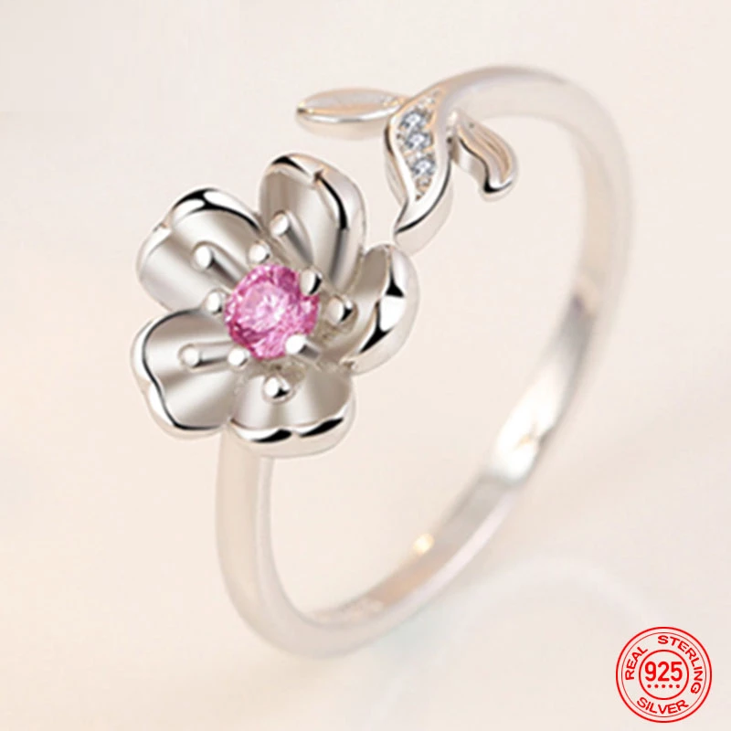 Silberring mit Blumenmotiv und rosa Kristall, 925 Sterling Silber, eleganter Schmuck für Damen.