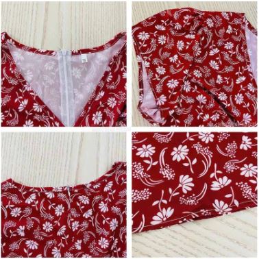 Rotes Damenkleid mit weißem Blumenmuster, V-Ausschnitt, Reißverschluss, Sommermode.