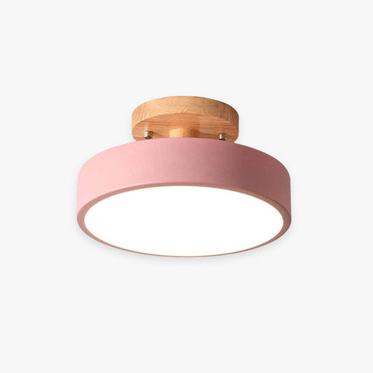 Rosa Deckenleuchte aus Holz, modernes Design, LED, runde Form, Innenbeleuchtung.