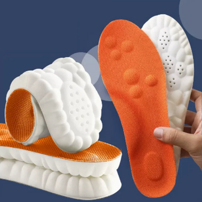 Orange und weiße orthopädische Einlegesohlen, ergonomisch, stoßdämpfend, für Sportschuhe.