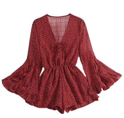 Roter Damen-Jumpsuit mit weißen Punkten, V-Ausschnitt, lange Ärmel, Sommermode.