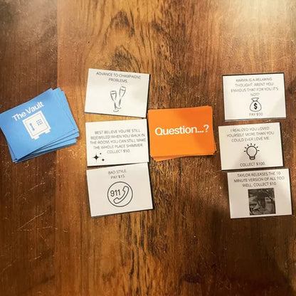 Musikbaserat brädspel med sangkort och monopolpengar för spelaftnar