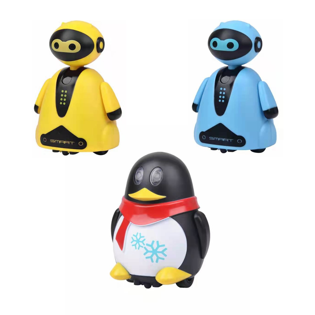 Drei bunte, interaktive Roboter-Spielzeuge: gelb, blau, Pinguin-Design, Kinder, Lernspielzeug.