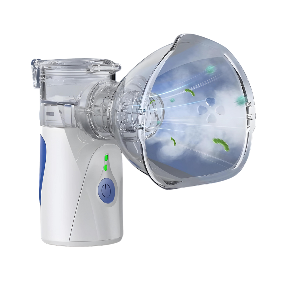 Tragbarer weißer Inhalator mit blauem Knopf, transparentem Mundstück, ideal für Atemtherapie.