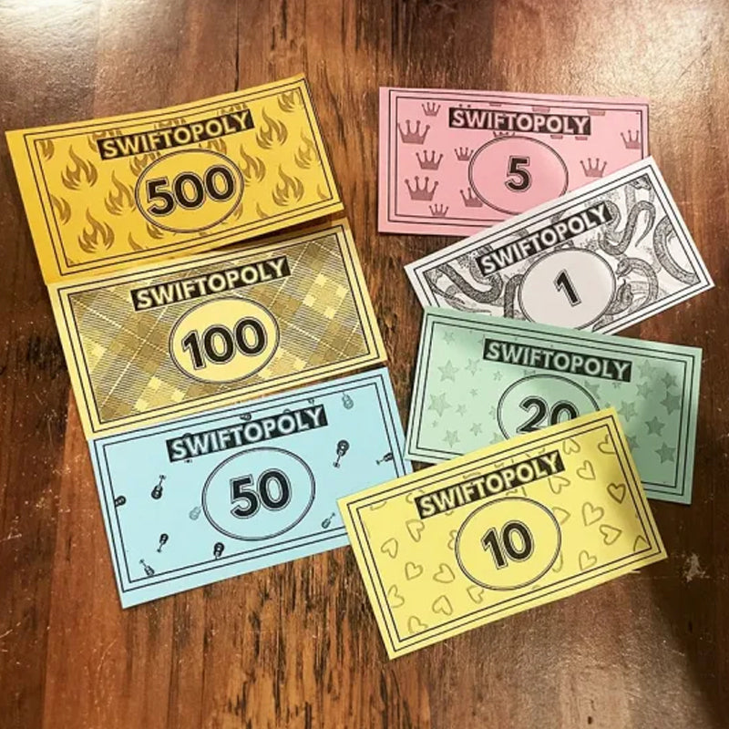 Musikbaserat brädspel med sangkort och monopolpengar för spelaftnar