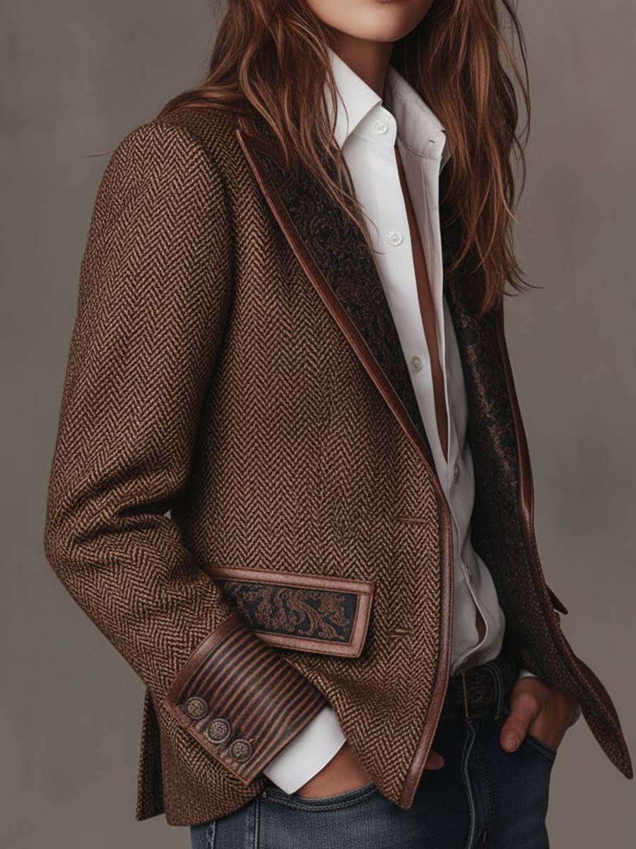 Snett framifrån med öppen blazer, en hand i fickan och mönstrat foder 9