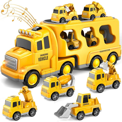 Gelber Spielzeug-LKW mit Baufahrzeugen, Musikfunktion, Kinderfahrzeug, Kunststoff.