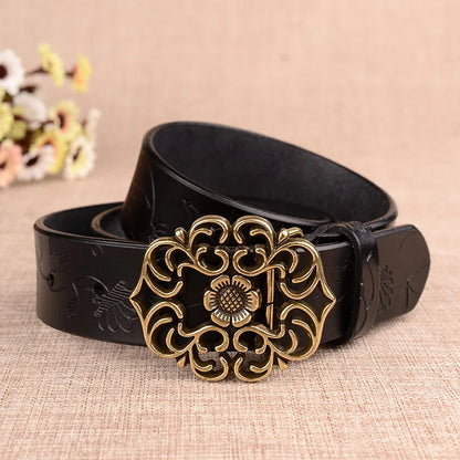 Schwarzer Ledergürtel mit goldener Blumenmetallschnalle, modisch, elegant, Damenaccessoire.