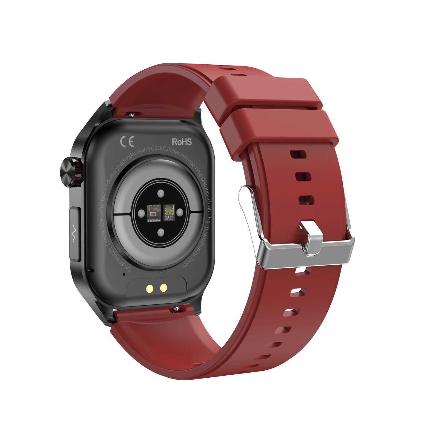 Rote Smartwatch mit Silikonarmband, Herzfrequenzsensor, Fitness-Tracker, Rückansicht.