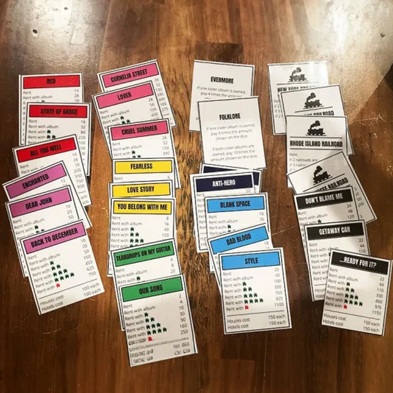 Musikbaserat brädspel med sangkort och monopolpengar för spelaftnar