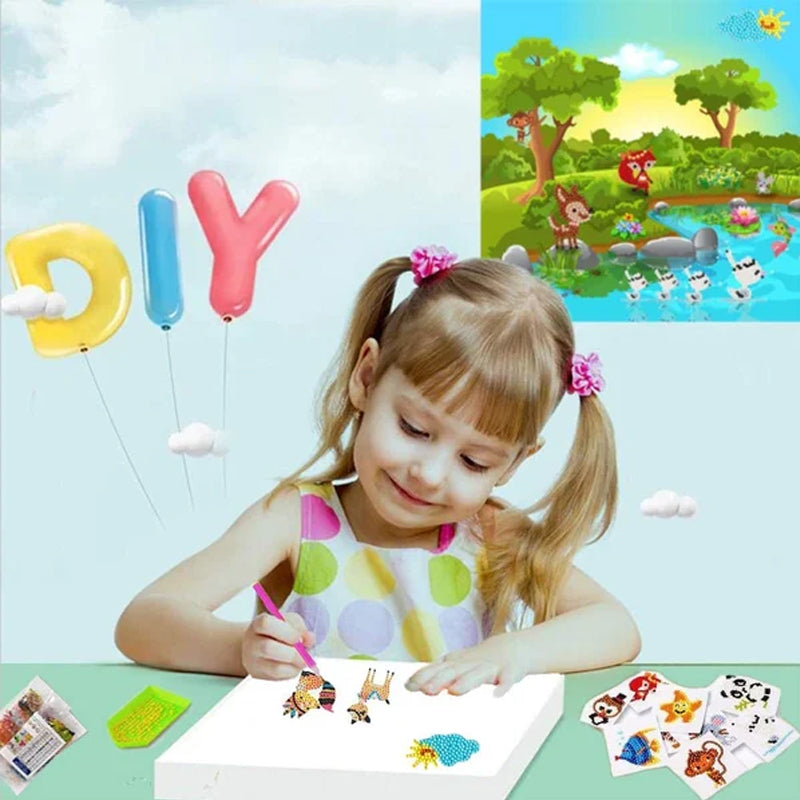Mädchen bastelt mit DIY-Stickern, bunte Ballons, Kinderzimmer-Dekoration, kreative Aktivität.