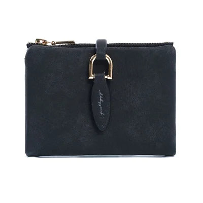 Schwarze Leder-Geldbörse mit Reißverschluss und goldener Schnalle, elegant und stilvoll.
