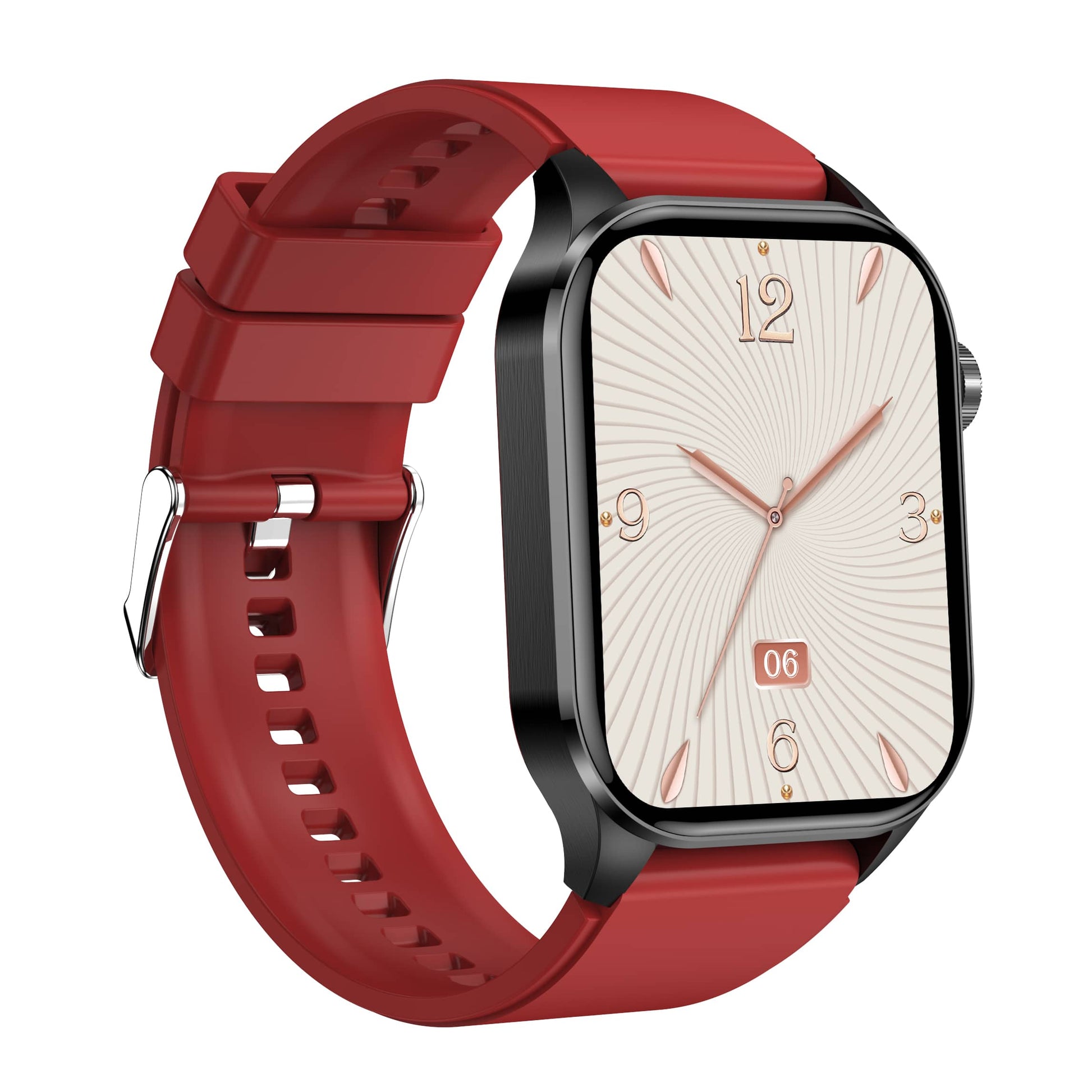 Rote Smartwatch mit schwarzem Gehäuse, quadratischem Zifferblatt, Silikonarmband, modernem Design.
