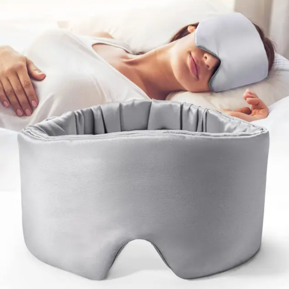 Graues Seiden-Schlafmaske-Set, ideal für erholsamen Schlaf und Entspannung.
