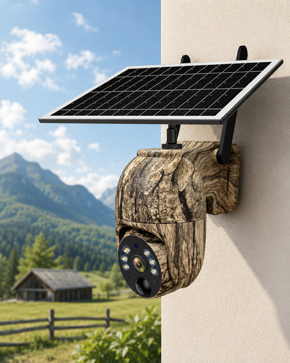 Kameran med kamouflagemönstrat skal monterad på en ljus husvägg, med solpanel ovanpå och bergslandskap med lada i bakgrunden. 10