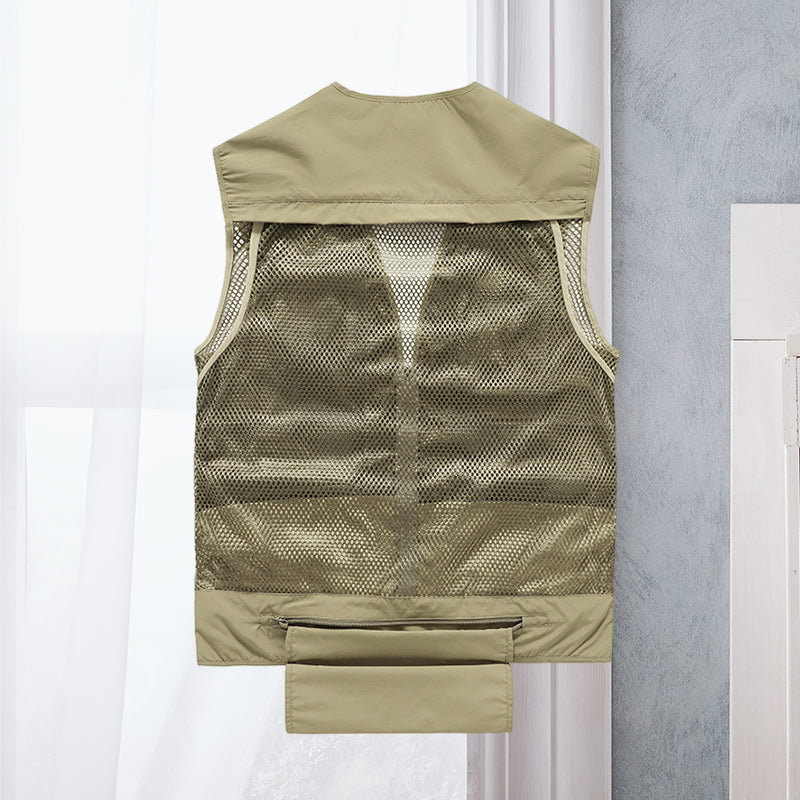 Beige Weste mit Netzrücken, atmungsaktiv, ideal für Outdoor-Aktivitäten, Herrenmode.