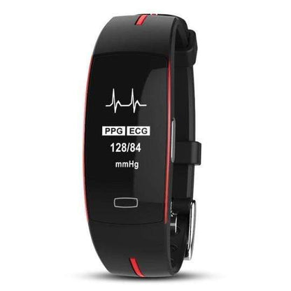 Schwarzes Fitnessarmband mit PPG- und EKG-Funktion, Herzfrequenz- und Blutdruckanzeige.