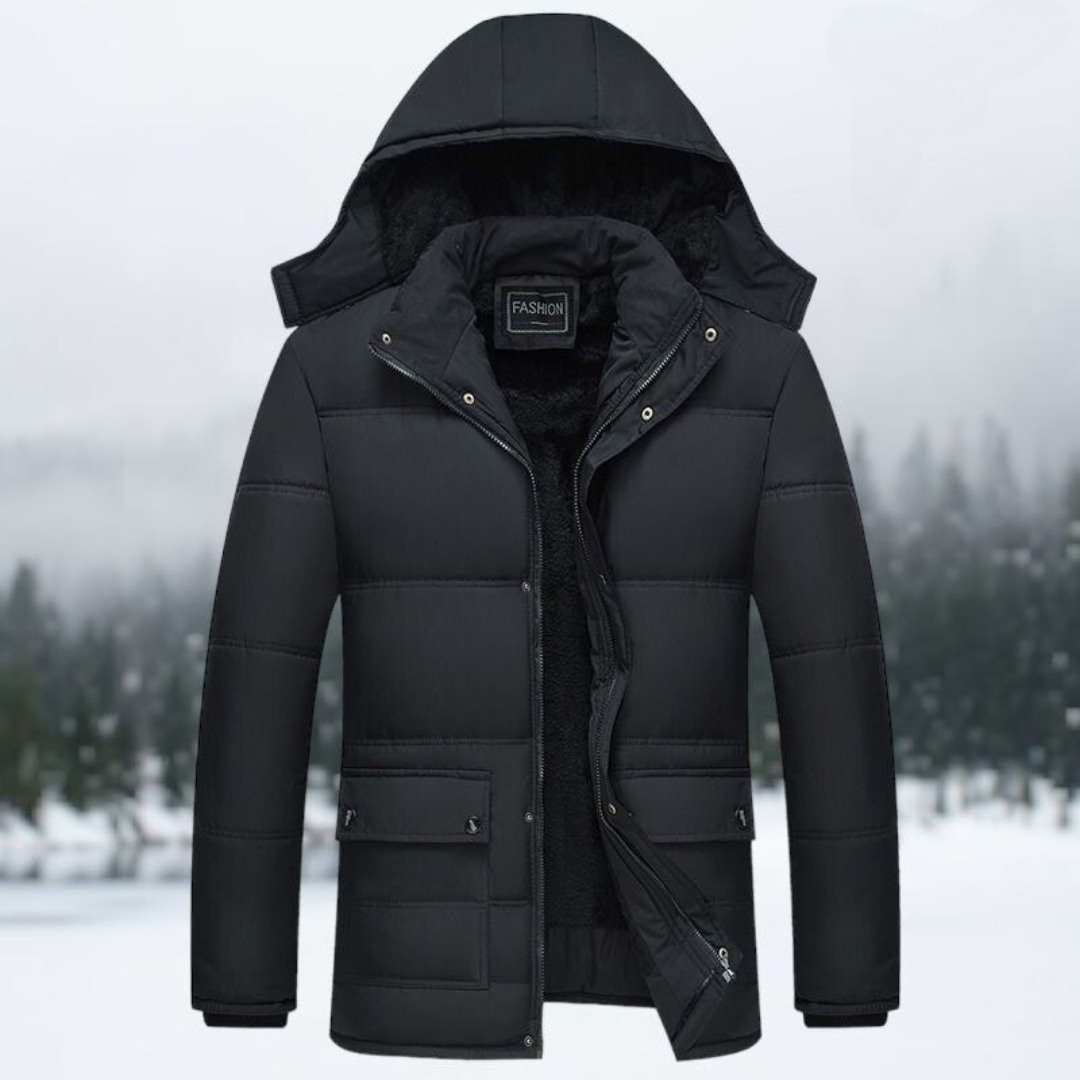 Schwarze Winterjacke mit Kapuze, gesteppt, warm, Herrenmode, Outdoor-Bekleidung.