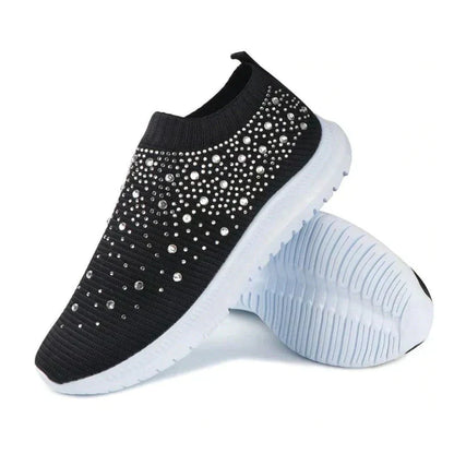 Schwarze Damen-Sneaker mit Strass, rutschfeste Sohle, modisch, bequem, atmungsaktiv.