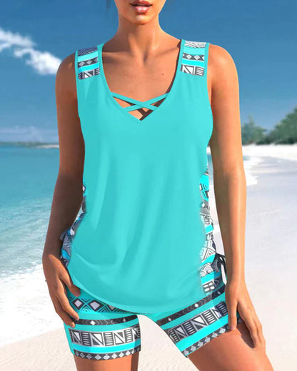 Trendig badmode med V-ringning och geometriskt mönster – Tankini-set Madonna