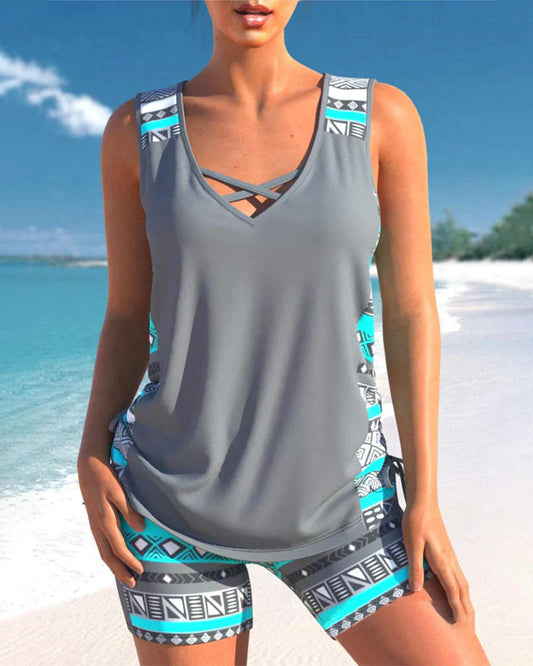 Trendig badmode med V-ringning och geometriskt mönster – Tankini-set Madonna