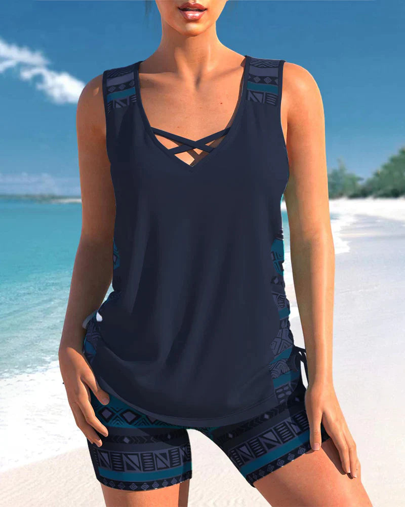 Trendig badmode med V-ringning och geometriskt mönster – Tankini-set Madonna