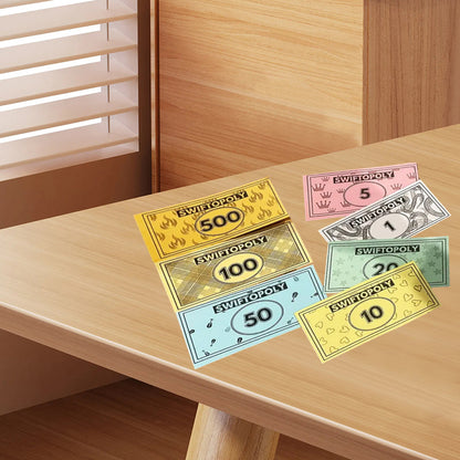 Musikbaserat brädspel med sangkort och monopolpengar för spelaftnar
