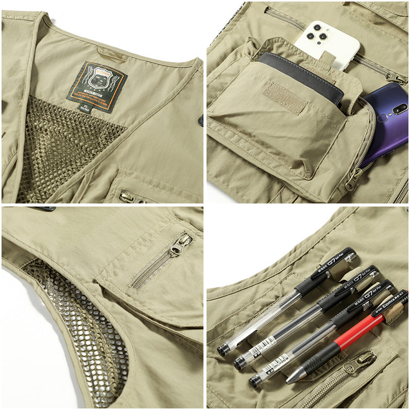 Beige Outdoor-Weste mit Taschen, Netzfutter, Reißverschlüssen, ideal für Angeln und Wandern.