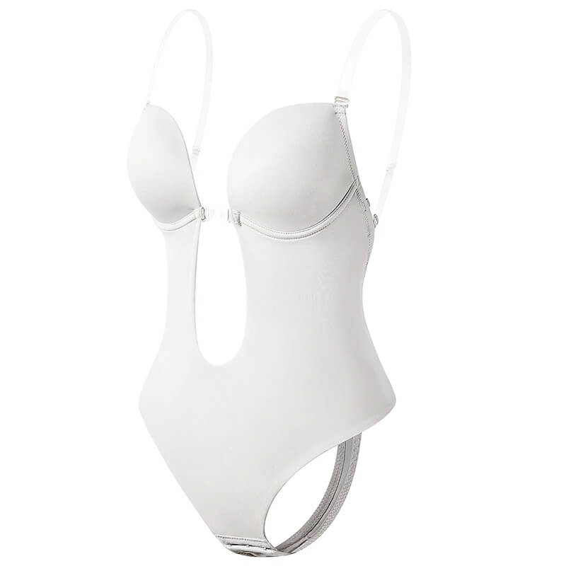 Weißer nahtloser Body mit tiefem Ausschnitt, verstellbaren Trägern, Damenunterwäsche.