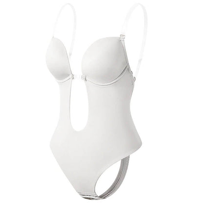 Weißer nahtloser Body mit tiefem Ausschnitt, verstellbaren Trägern, Damenunterwäsche.