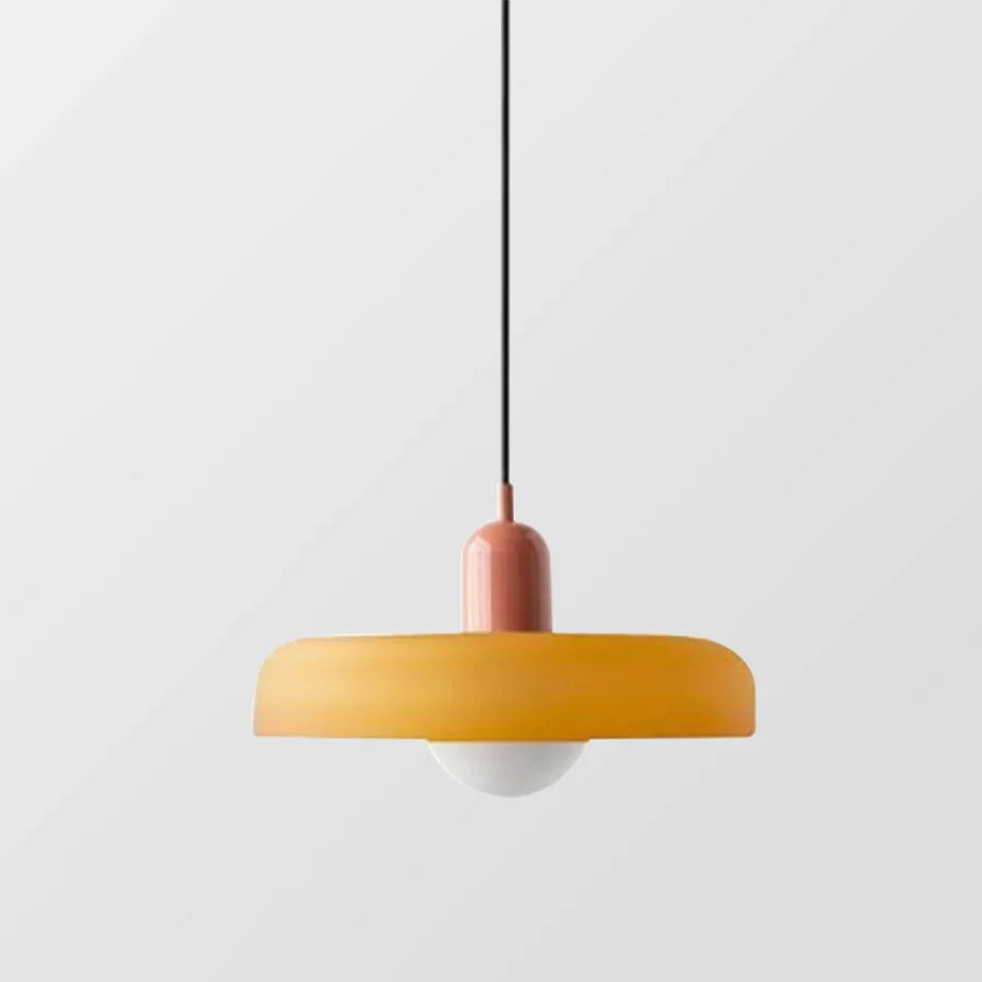 Moderne Pendelleuchte, orange und rosa, minimalistisches Design, ideal für Wohnzimmerbeleuchtung.