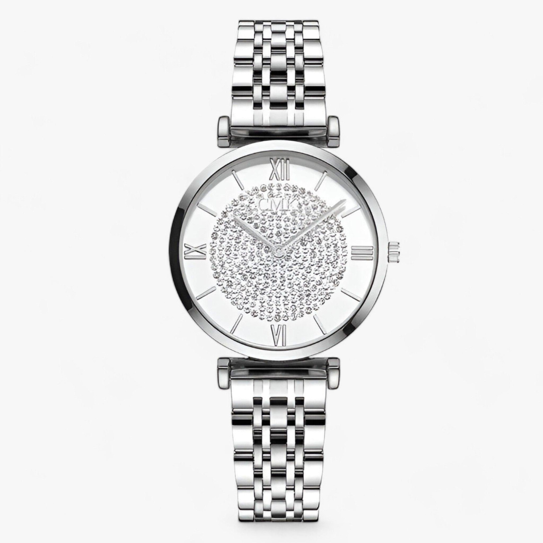Silberne Damenarmbanduhr mit Strasssteinen, römischen Ziffern, Edelstahlarmband.