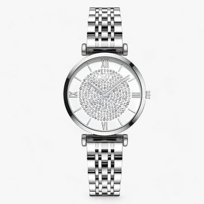 Silberne Damenarmbanduhr mit Strasssteinen, römischen Ziffern, Edelstahlarmband.