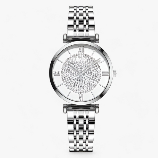 Silberne Damenarmbanduhr mit Strasssteinen, römischen Ziffern, Edelstahlarmband.