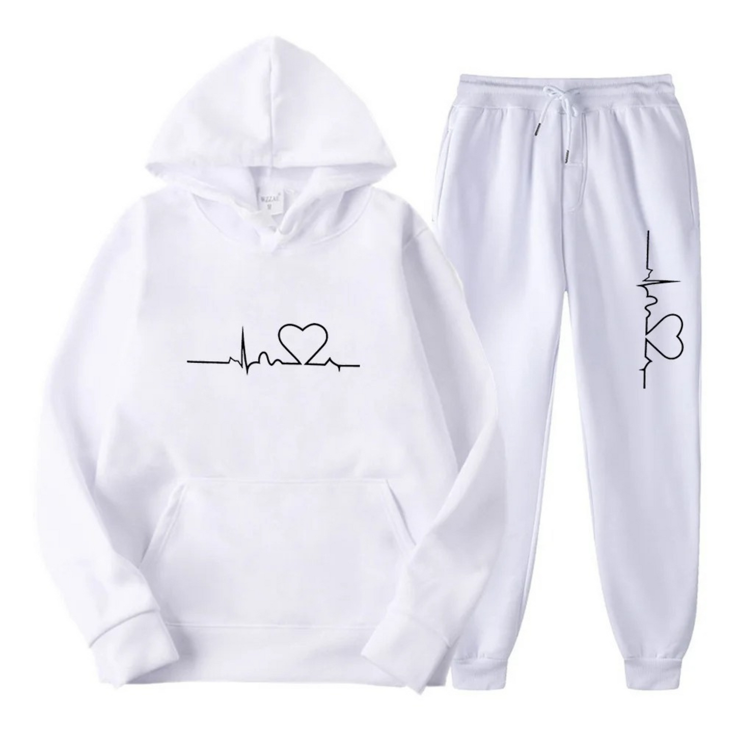 Weißer Hoodie und Jogginghose mit Herz-EKG-Design, Unisex, Baumwolle, Freizeitkleidung.