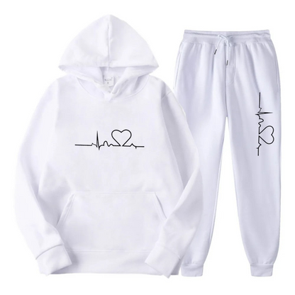 Weißer Hoodie und Jogginghose mit Herz-EKG-Design, Unisex, Baumwolle, Freizeitkleidung.