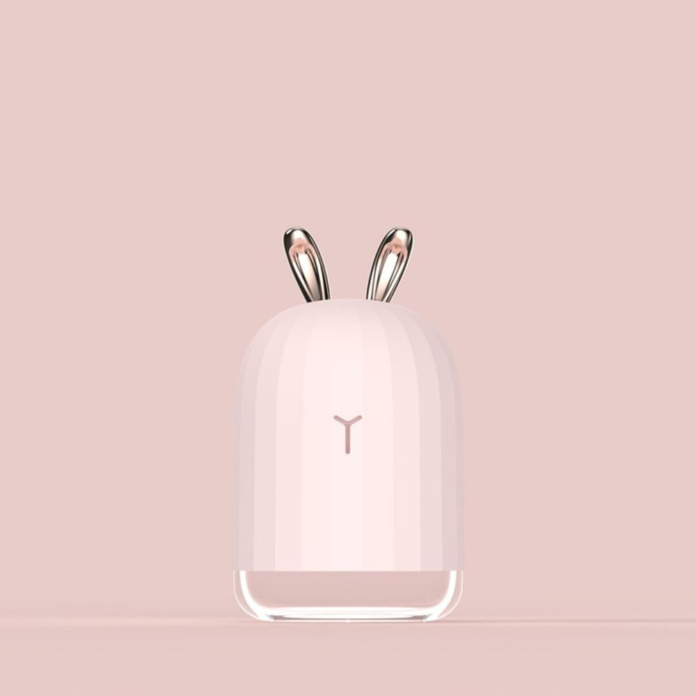 Tragbarer rosa Luftbefeuchter mit USB, Nachtlicht, Hasenohren-Design, Mini-Luftreiniger.