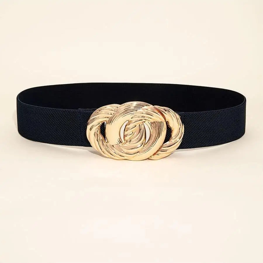 Schwarzer Gürtel mit goldener Schnalle, Damenmode-Accessoire, elegant und stilvoll.