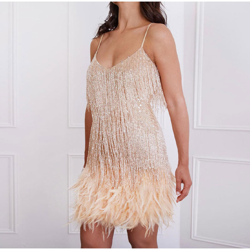 Paillettenkleid mit Federn, beige, ärmellos, Abendmode, Damen, elegant, Partykleid