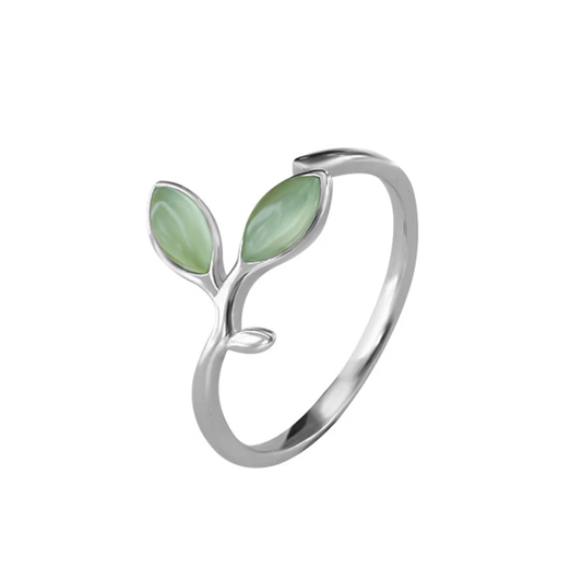 Silberring mit grünen Blättern, elegantes Design, Modeschmuck, Damenring, Geschenkidee.