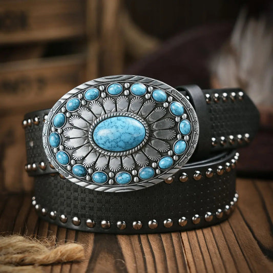 Schwarzer Ledergürtel mit silberner Schnalle und blauen Steinen, Westernstil, Unisex.
