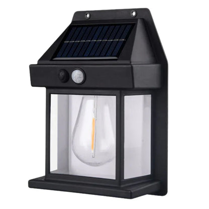 Schwarze Solar-Wandleuchte mit Bewegungsmelder, LED-Lampe, energiesparend, wetterfest.
