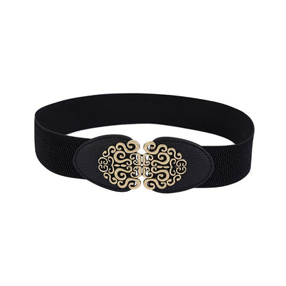 Schwarzer elastischer Gürtel mit goldener Schnalle, Damenmode Accessoire, elegant und stilvoll.