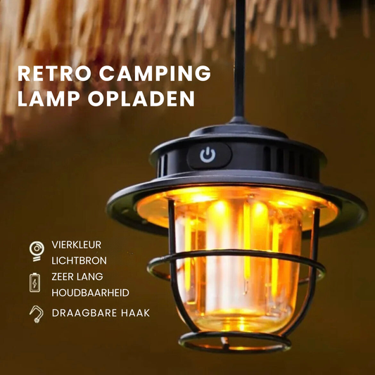 Retro Campinglampe, LED, schwarz, tragbar, aufladbar, langlebig, Outdoor-Beleuchtung.