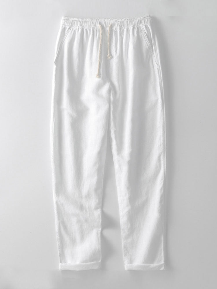 Weiße Leinenhose mit Kordelzug, lässig, atmungsaktiv, ideal für Sommermode.