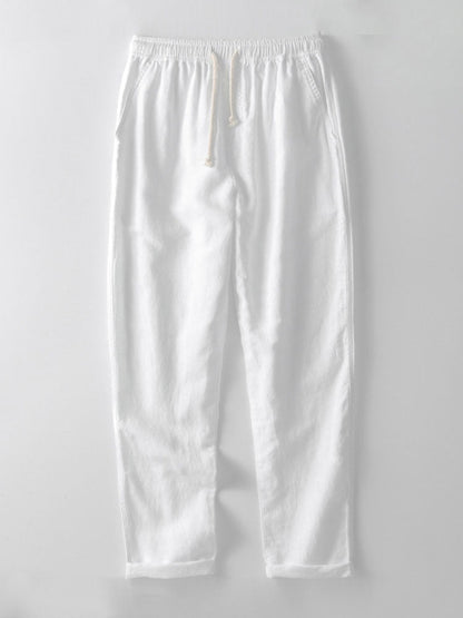 Weiße Leinenhose mit Kordelzug, lässig, atmungsaktiv, ideal für Sommermode.