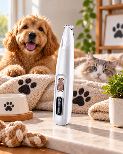 Vit trimmer stående på en bänk framför en hund och en katt på en filt 1
